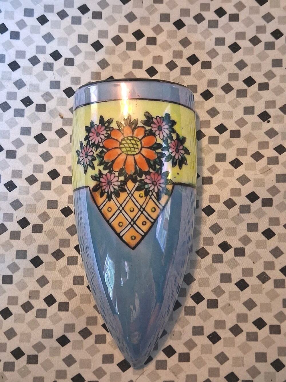 Beautiful 5.5" Vintage Lusterware Wall Pocket "Blue Gold Violets Floral " Japan